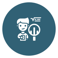 Illustrated character with headset and icon